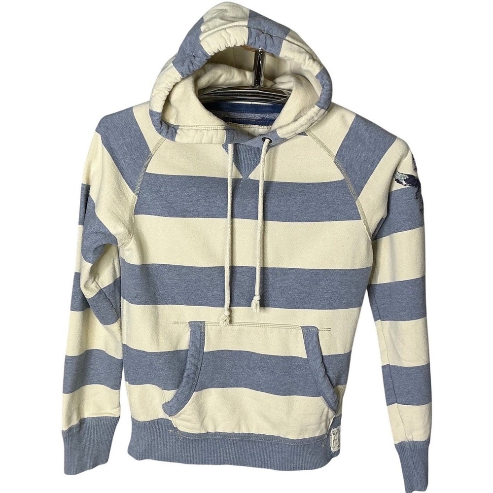 American Eagle Vinta Fit Hoodie XS Cream Blue‎ Striped Distressed Patch Pullover